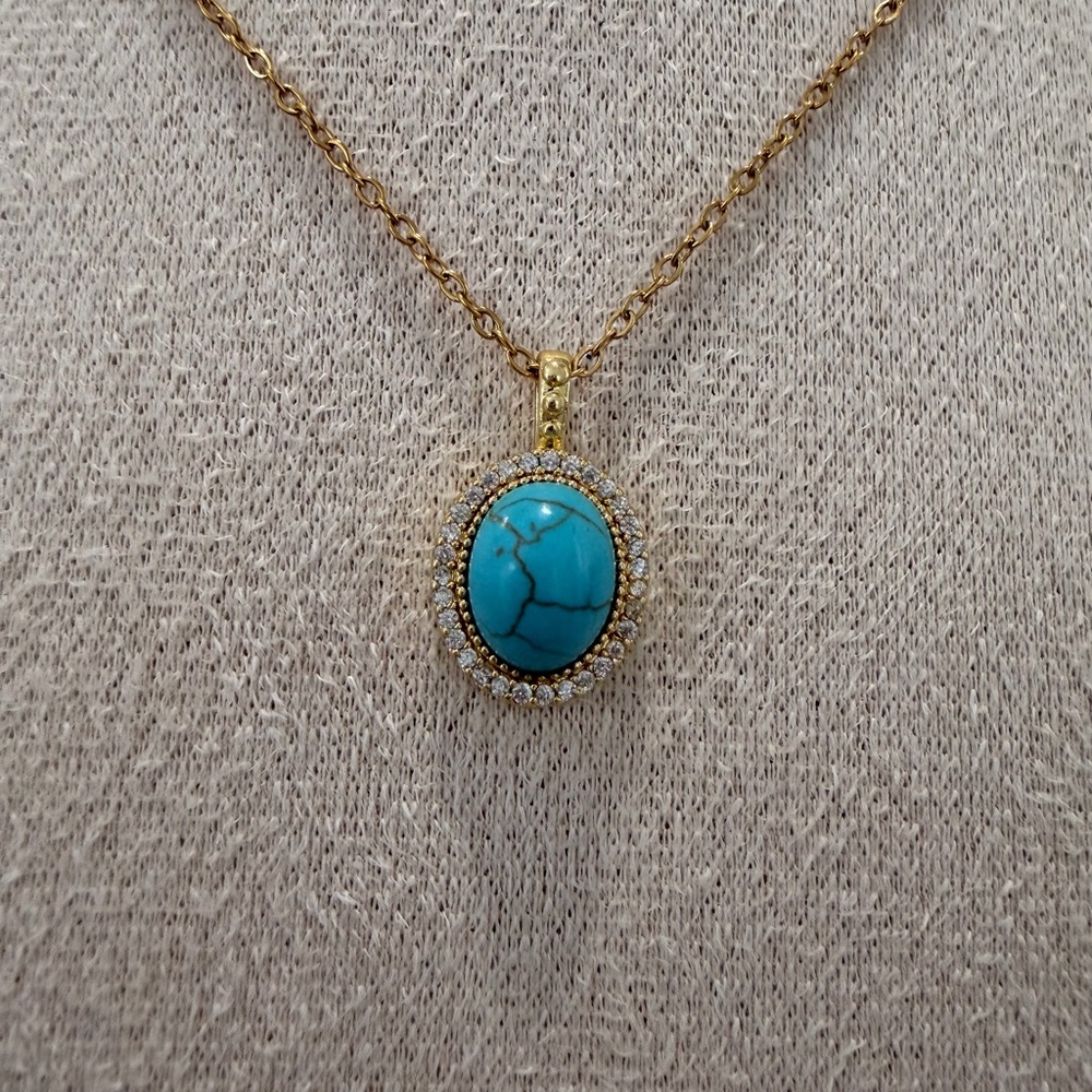 Gold Turquoise Oval CZ Stainless Steel Pendant Necklace
